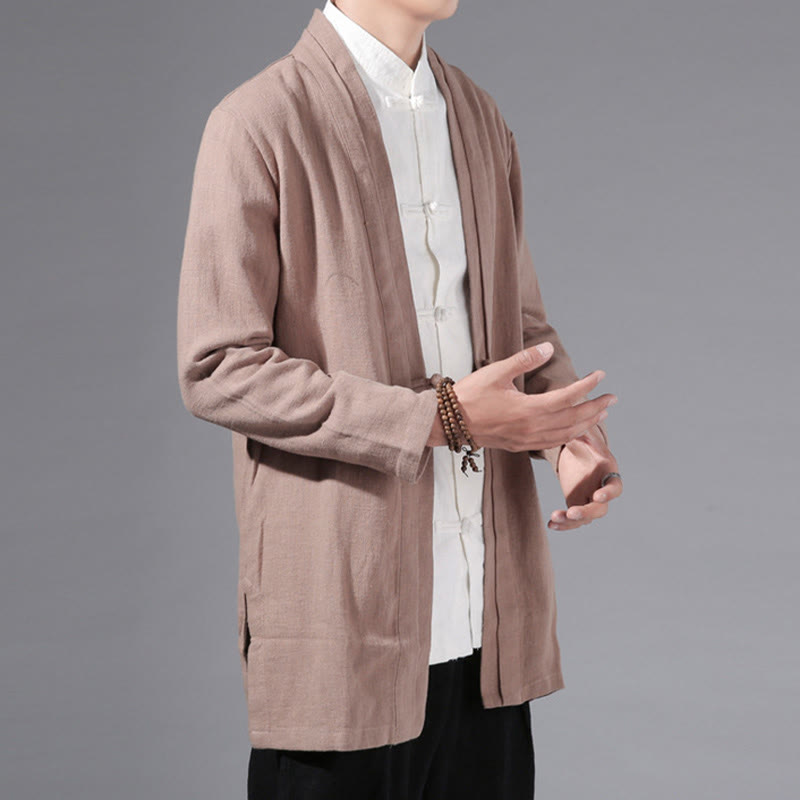 Buddha Stones Plain Simple Design Open Front Cotton Linen Men's Long Sleeve Jacket Kimono