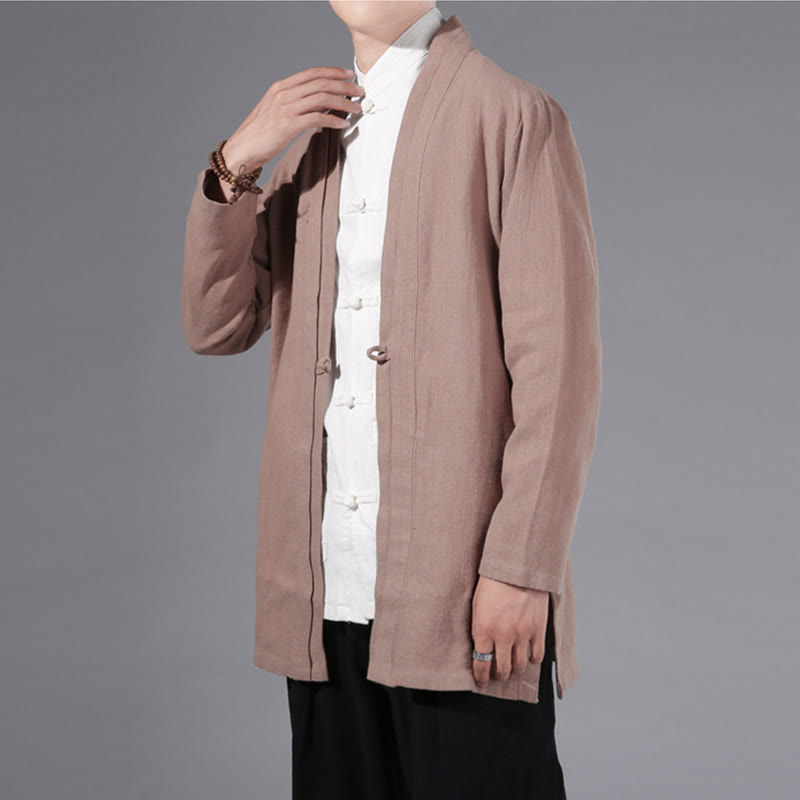 Buddha Stones Plain Simple Design Open Front Cotton Linen Men's Long Sleeve Jacket Kimono