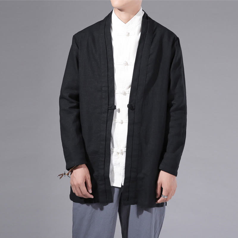 Buddha Stones Plain Simple Design Open Front Cotton Linen Men's Long Sleeve Jacket Kimono