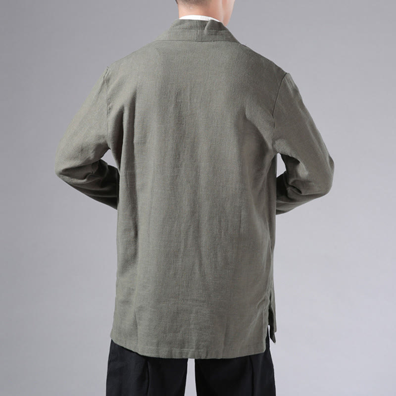 Buddha Stones Plain Simple Design Open Front Cotton Linen Men's Long Sleeve Jacket Kimono