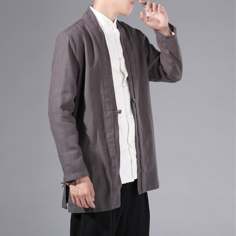 Buddha Stones Plain Simple Design Open Front Cotton Linen Men's Long Sleeve Jacket Kimono