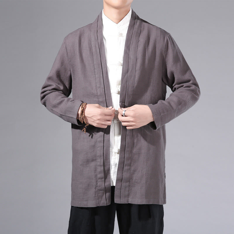 Buddha Stones Plain Simple Design Open Front Cotton Linen Men's Long Sleeve Jacket Kimono