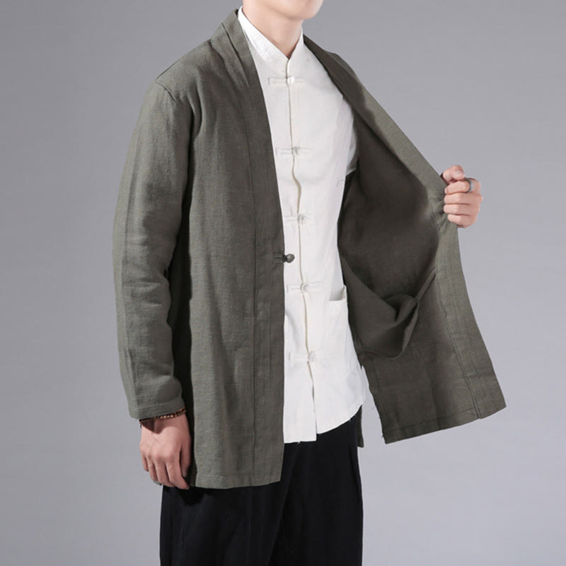 Buddha Stones Plain Simple Design Open Front Cotton Linen Men's Long Sleeve Jacket Kimono