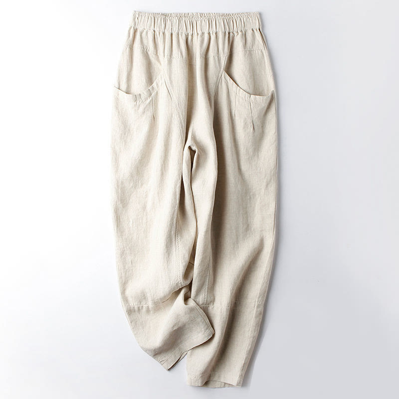Buddha Stones Casual High Waist Design Women's Harem Cotton 7-8 Length Pants With Pockets