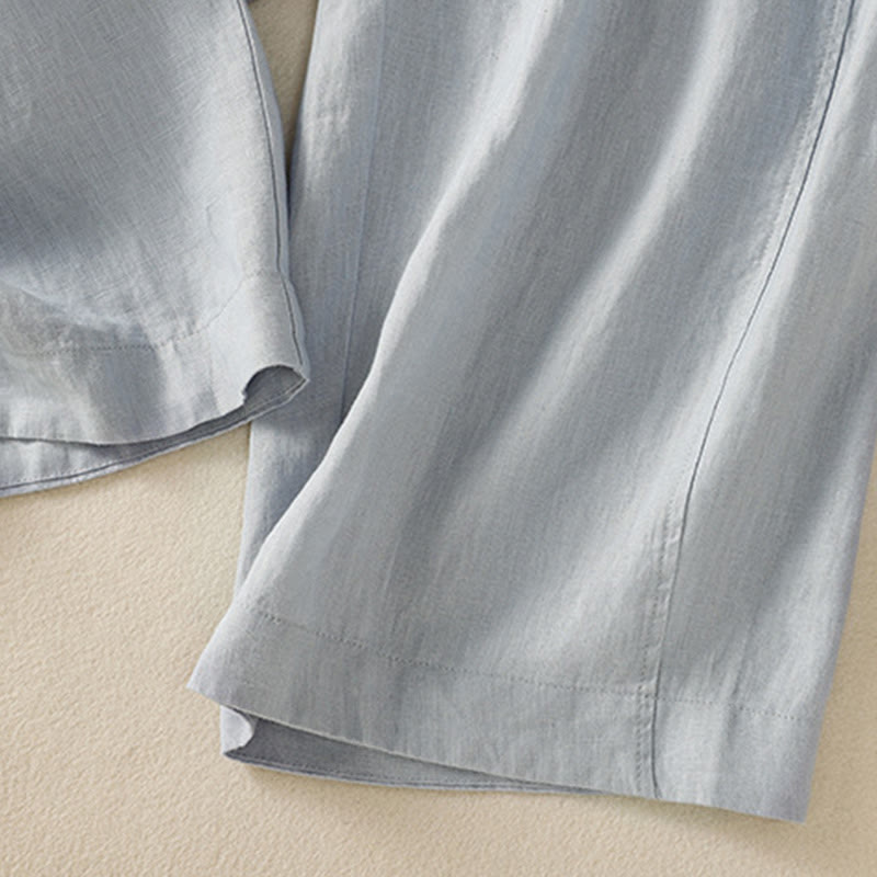 Buddha Stones Commute Plain Design Drawstring Cotton Linen Women's Wide Leg Pants With Pockets