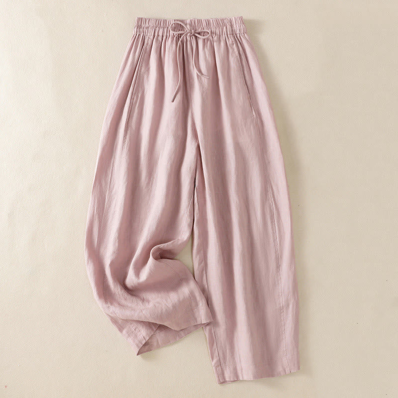Buddha Stones Commute Plain Design Drawstring Cotton Linen Women's Wide Leg Pants With Pockets