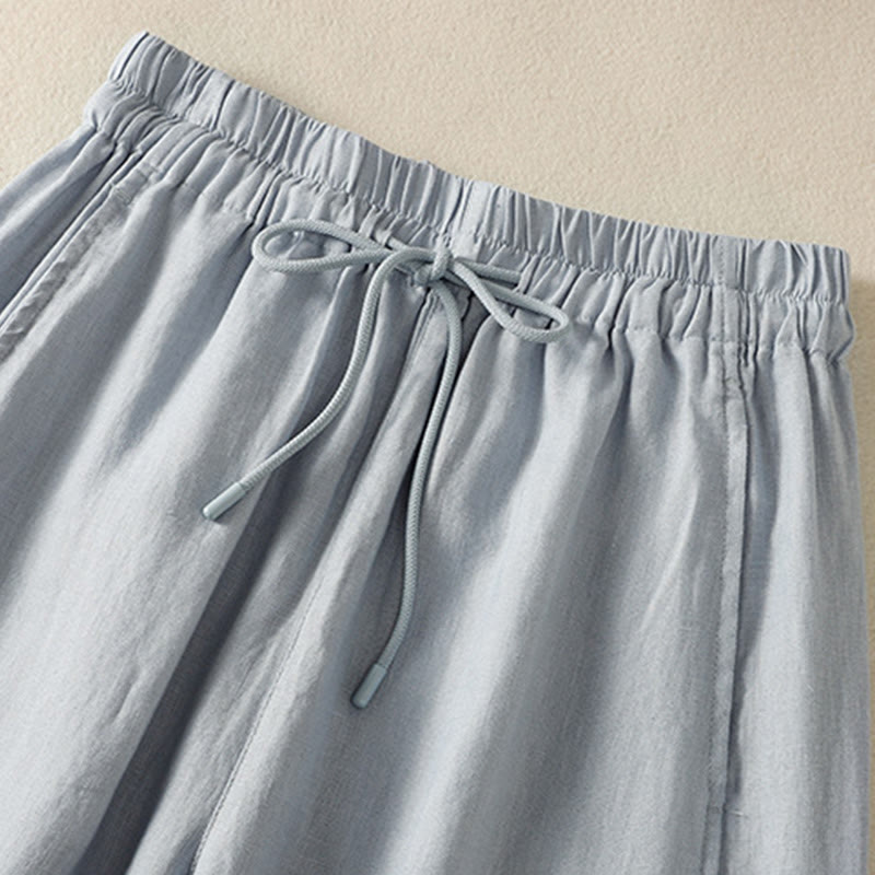 Buddha Stones Commute Plain Design Drawstring Cotton Linen Women's Wide Leg Pants With Pockets