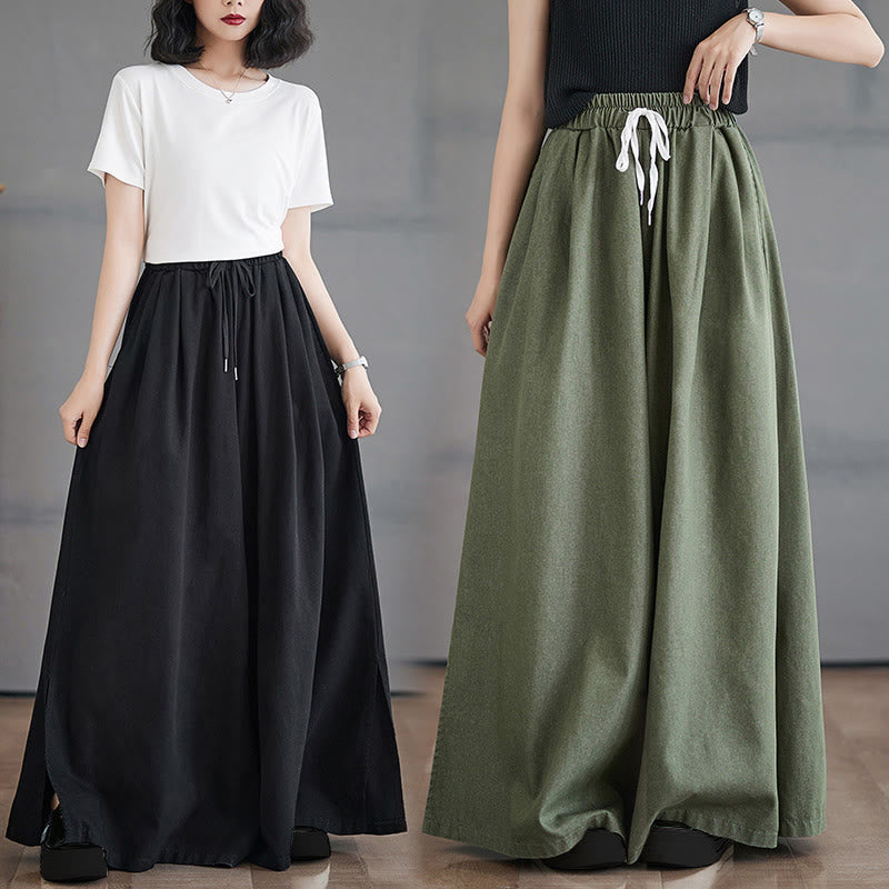 Buddha Stones Retro Leg Opening Slit Design Cotton Women's Wide Leg Pants With Pockets