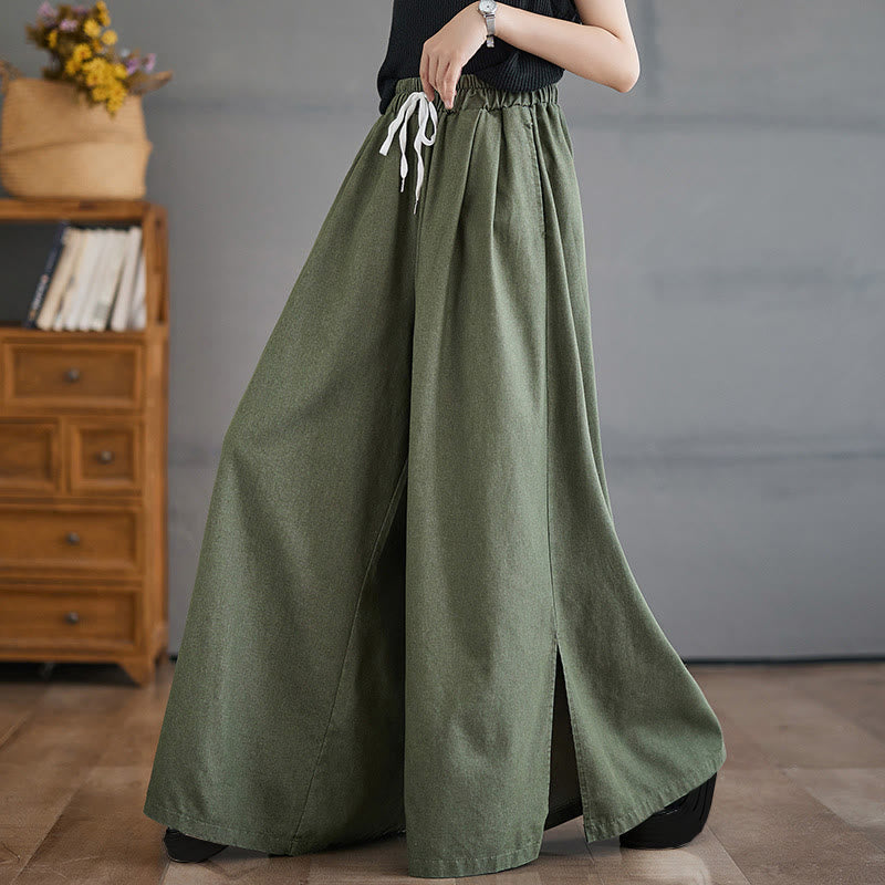 Buddha Stones Retro Leg Opening Slit Design Cotton Women's Wide Leg Pants With Pockets