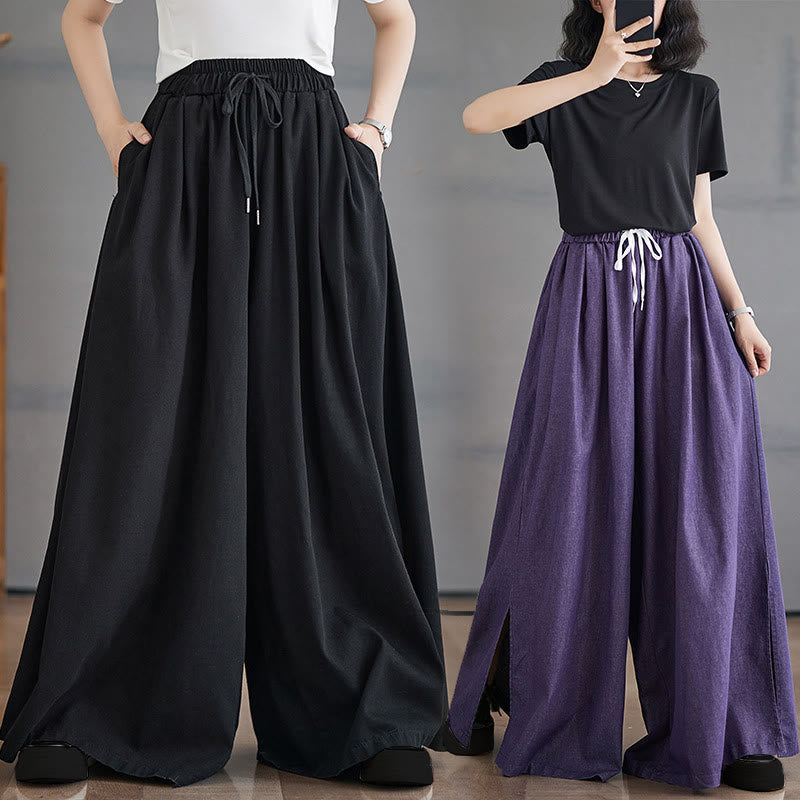 Buddha Stones Retro Leg Opening Slit Design Cotton Women's Wide Leg Pants With Pockets