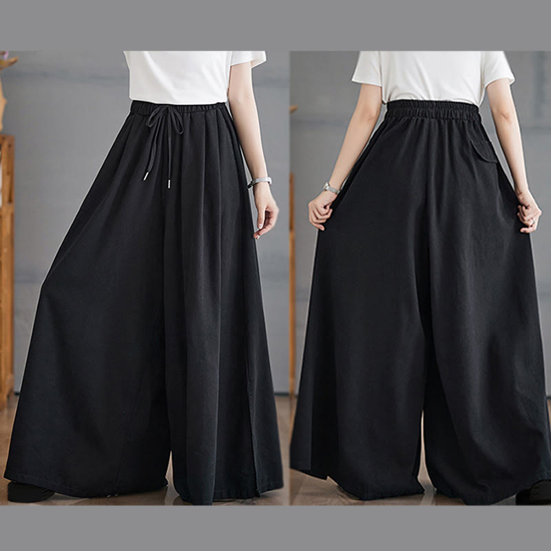 Buddha Stones Retro Leg Opening Slit Design Cotton Women's Wide Leg Pants With Pockets