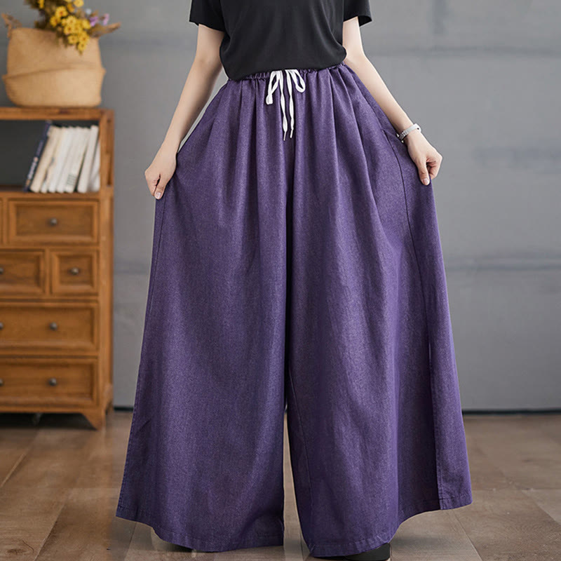 Buddha Stones Retro Leg Opening Slit Design Cotton Women's Wide Leg Pants With Pockets