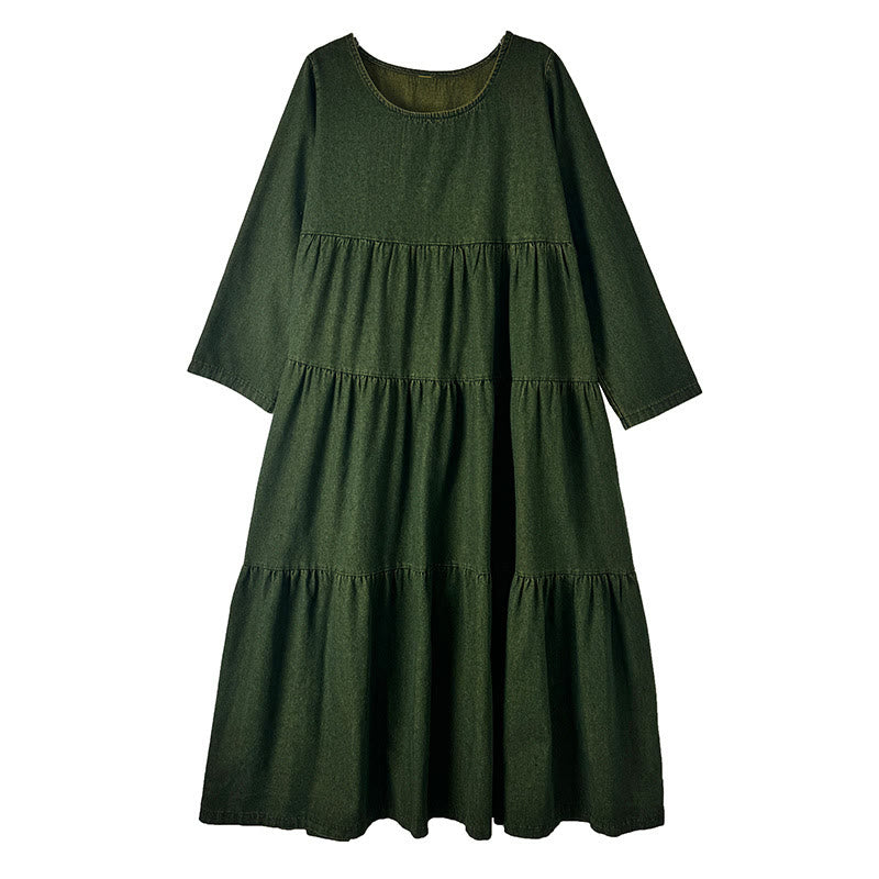 Buddha Stones DarkOliveGreen Patchwork Long Sleeve Design Cotton Women's Maxi Dress With Pockets