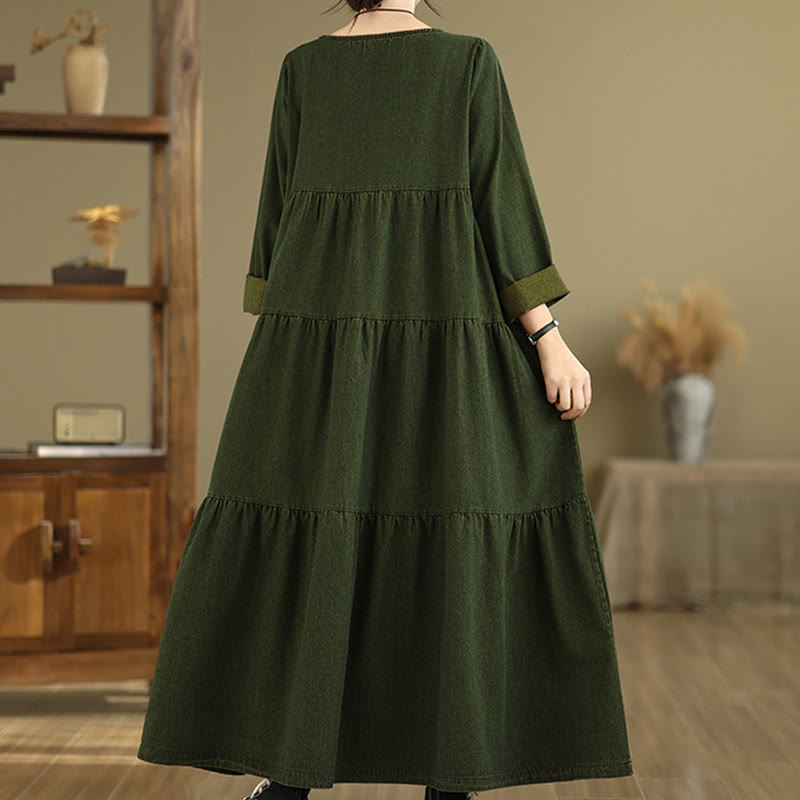 Buddha Stones DarkOliveGreen Patchwork Long Sleeve Design Cotton Women's Maxi Dress With Pockets