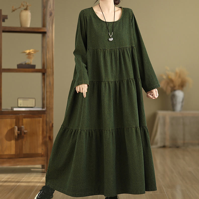 Buddha Stones DarkOliveGreen Patchwork Long Sleeve Design Cotton Women's Maxi Dress With Pockets