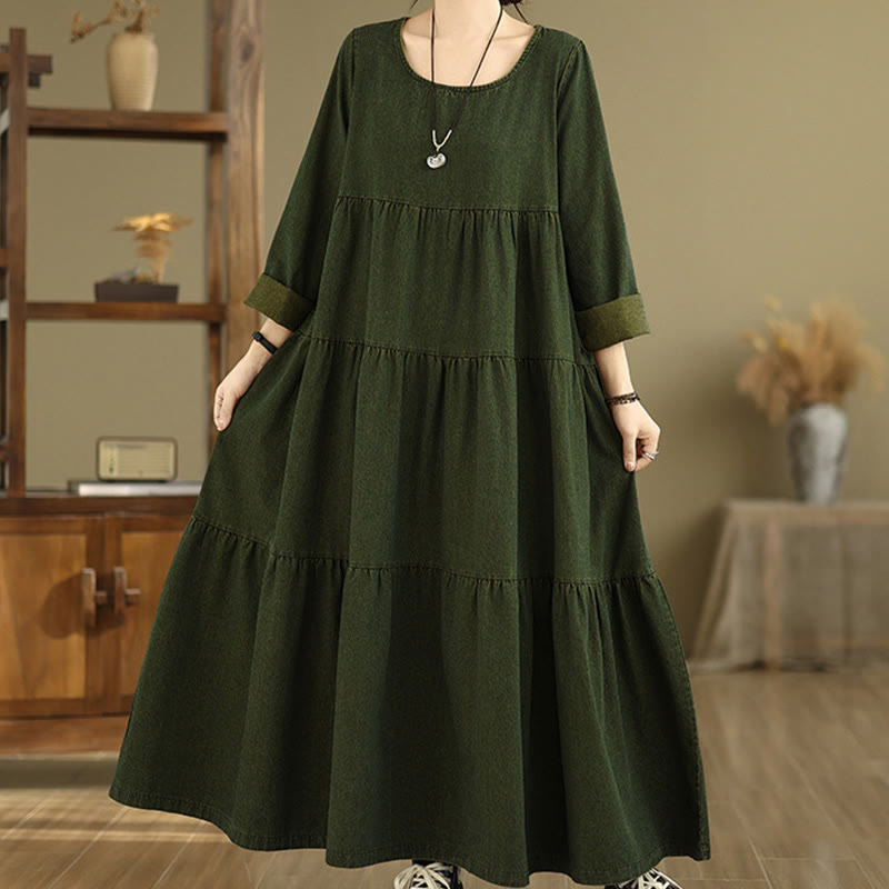 Buddha Stones DarkOliveGreen Patchwork Long Sleeve Design Cotton Women's Maxi Dress With Pockets