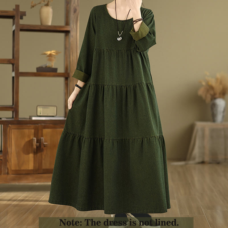 Buddha Stones DarkOliveGreen Patchwork Long Sleeve Design Cotton Women's Maxi Dress With Pockets