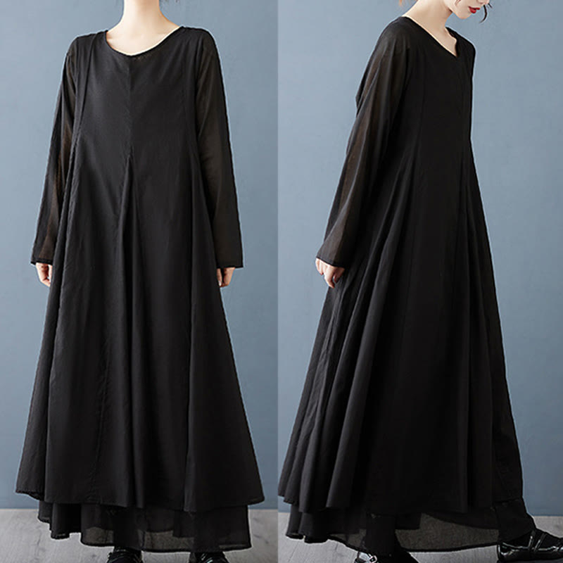 Buddha Stones Spring Double Layer Design Cotton Long Sleeve Women's Midi Dress