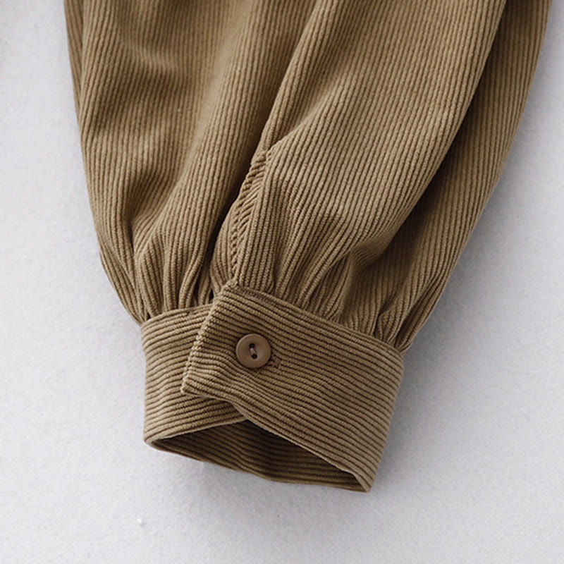 Buddha Stones Tan Solid Color Cotton Linen Corduroy Puff Long Sleeve Midi Dress