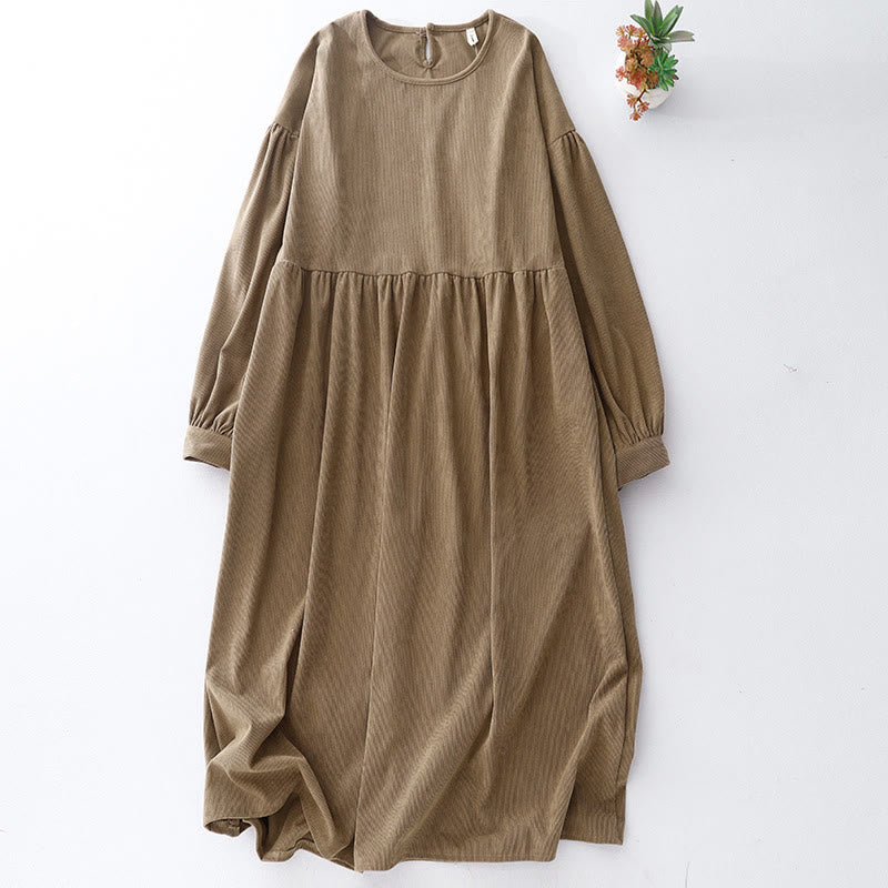 Buddha Stones Tan Solid Color Cotton Linen Corduroy Puff Long Sleeve Midi Dress