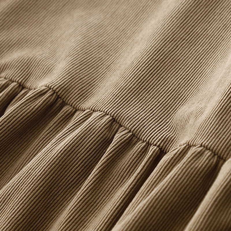 Buddha Stones Tan Solid Color Cotton Linen Corduroy Puff Long Sleeve Midi Dress