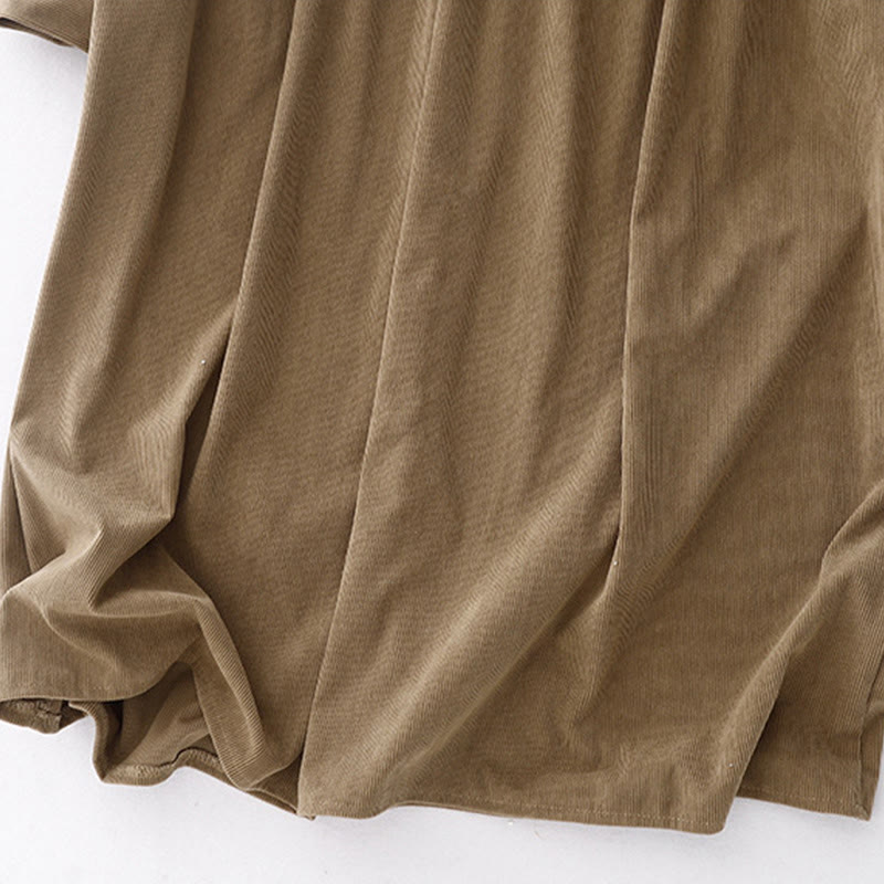Buddha Stones Tan Solid Color Cotton Linen Corduroy Puff Long Sleeve Midi Dress