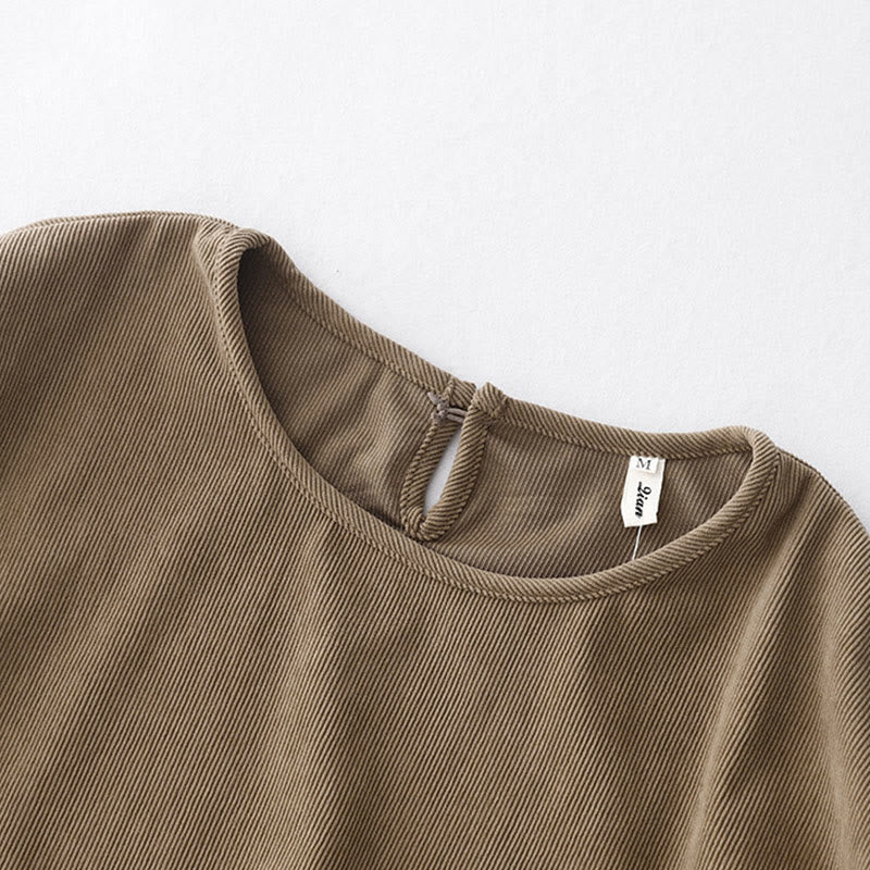 Buddha Stones Tan Solid Color Cotton Linen Corduroy Puff Long Sleeve Midi Dress