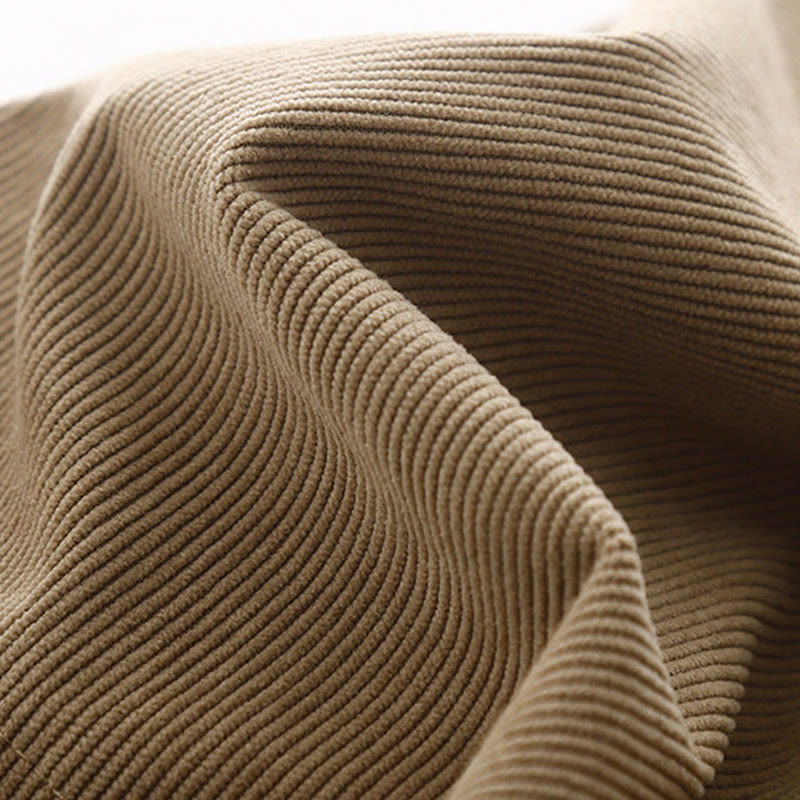 Buddha Stones Tan Solid Color Cotton Linen Corduroy Puff Long Sleeve Midi Dress