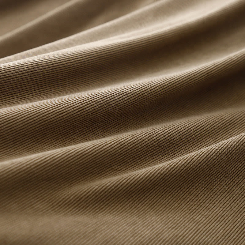 Buddha Stones Tan Solid Color Cotton Linen Corduroy Puff Long Sleeve Midi Dress