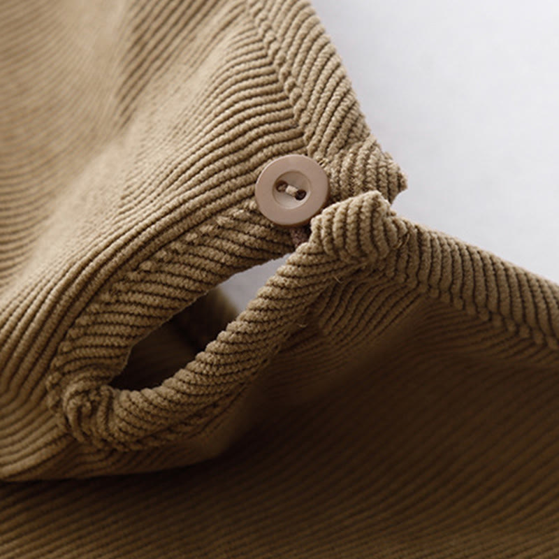 Buddha Stones Tan Solid Color Cotton Linen Corduroy Puff Long Sleeve Midi Dress