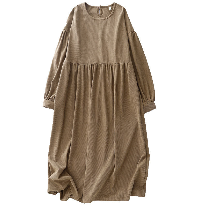 Buddha Stones Tan Solid Color Cotton Linen Corduroy Puff Long Sleeve Midi Dress