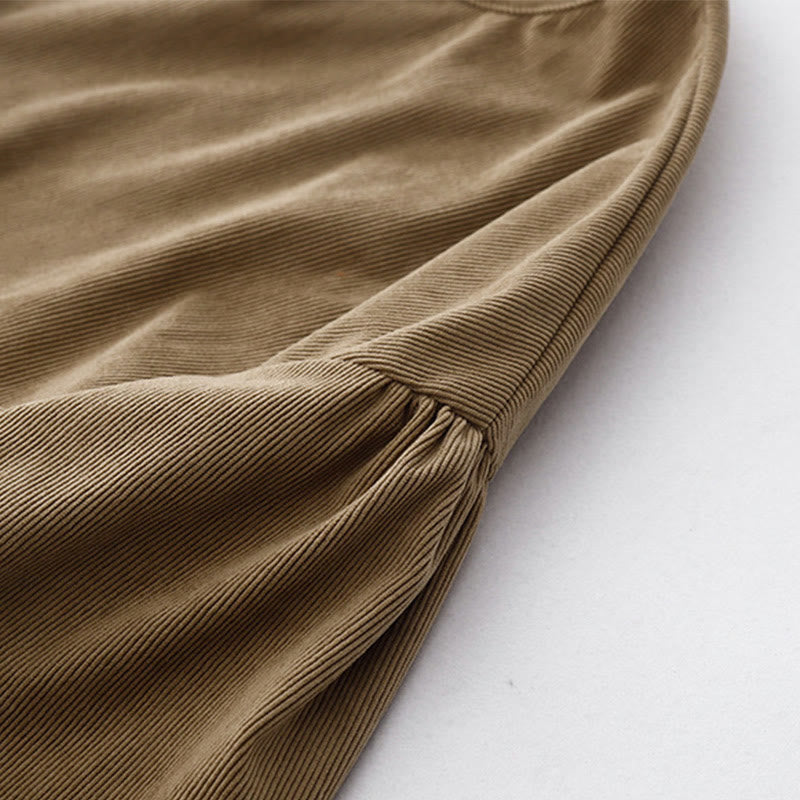 Buddha Stones Tan Solid Color Cotton Linen Corduroy Puff Long Sleeve Midi Dress