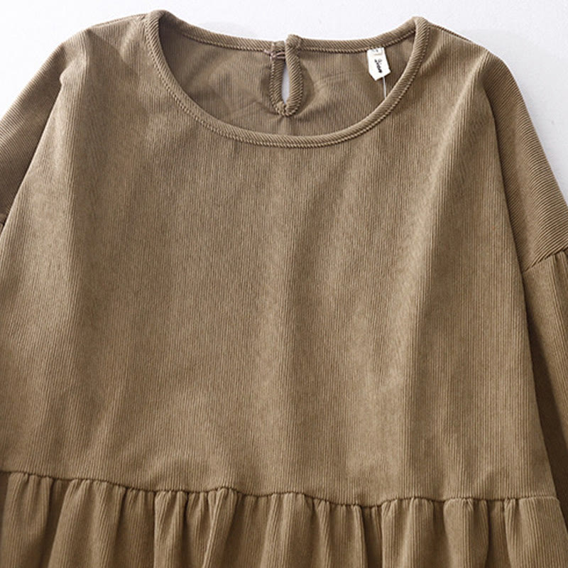 Buddha Stones Tan Solid Color Cotton Linen Corduroy Puff Long Sleeve Midi Dress