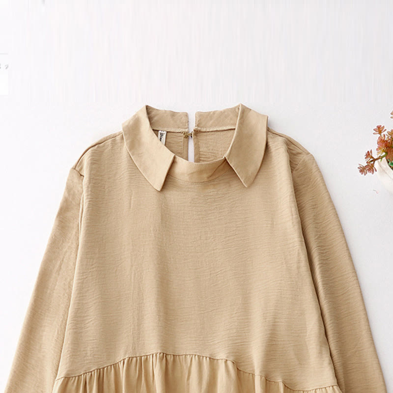 Buddha Stones Spring Plain Lapel Long Sleeve Cotton Linen Midi Dress With Pockets