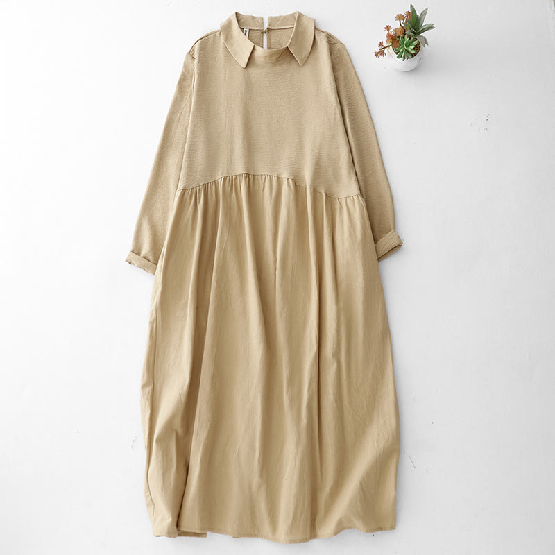 Buddha Stones Spring Plain Lapel Long Sleeve Cotton Linen Midi Dress With Pockets