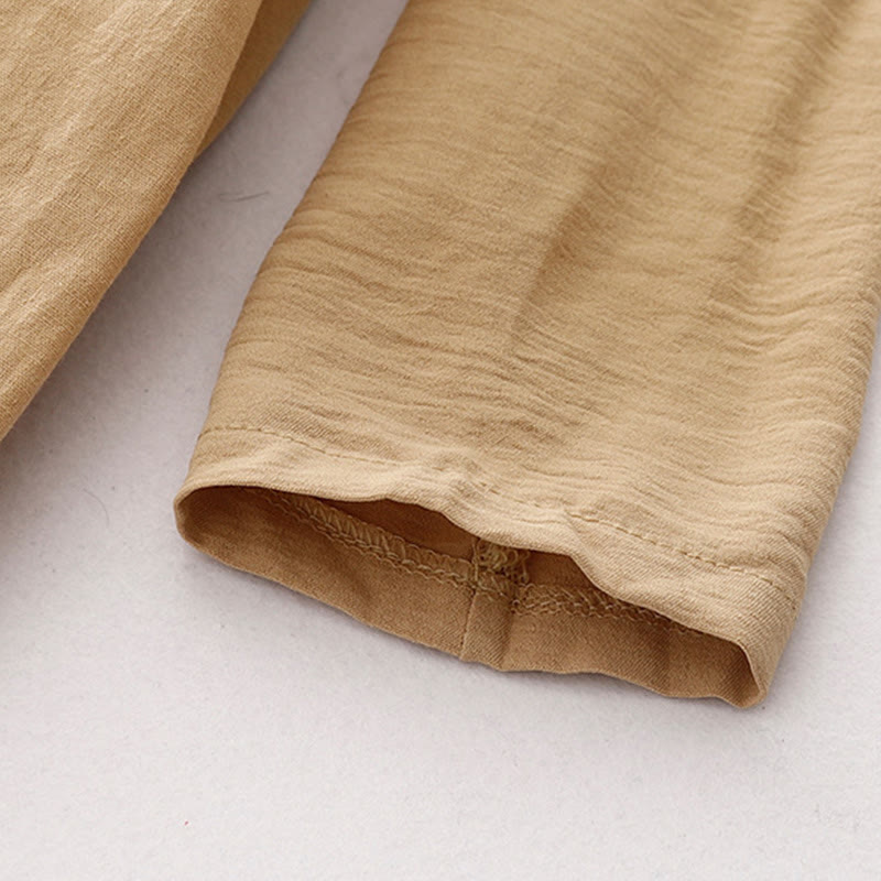 Buddha Stones Spring Plain Lapel Long Sleeve Cotton Linen Midi Dress With Pockets