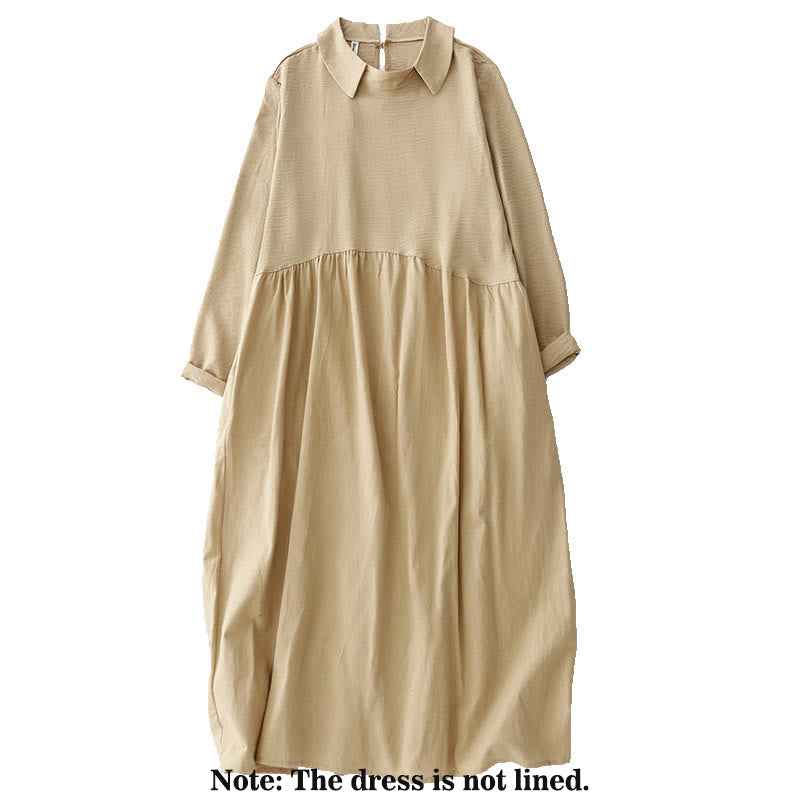 Buddha Stones Spring Plain Lapel Long Sleeve Cotton Linen Midi Dress With Pockets