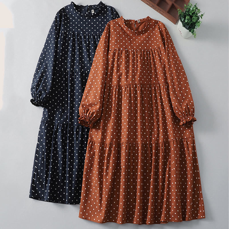 Buddha Stones Spring Dot Pattern Ruffle Crew Neck Long Sleeve Cotton Linen Midi Dress With Pockets