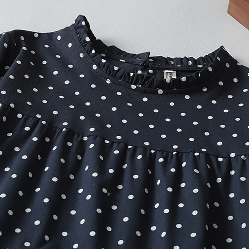 Buddha Stones Spring Dot Pattern Ruffle Crew Neck Long Sleeve Cotton Linen Midi Dress With Pockets