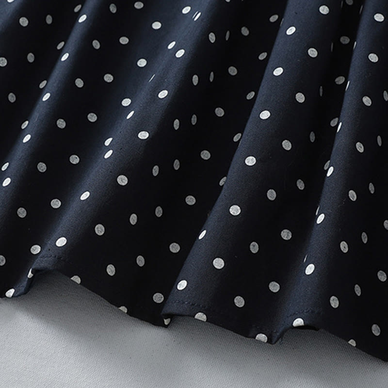 Buddha Stones Spring Dot Pattern Ruffle Crew Neck Long Sleeve Cotton Linen Midi Dress With Pockets
