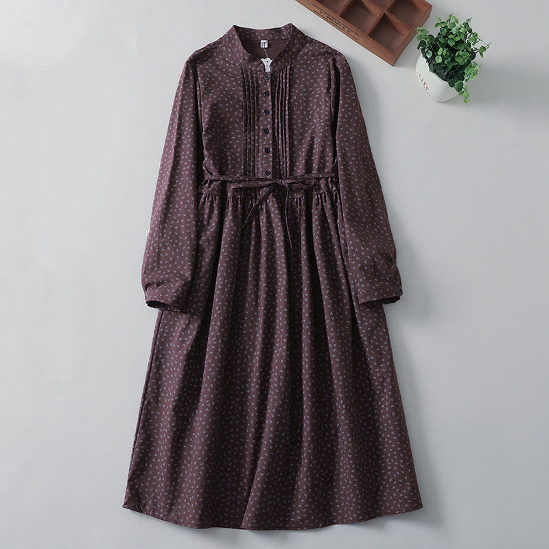 Buddha Stones Printing Floral Accordion Pleats Cotton Linen Long Sleeve Midi Dress With Pockets