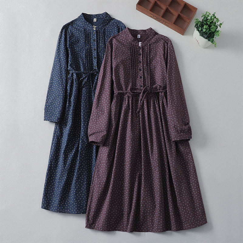 Buddha Stones Printing Floral Accordion Pleats Cotton Linen Long Sleeve Midi Dress With Pockets