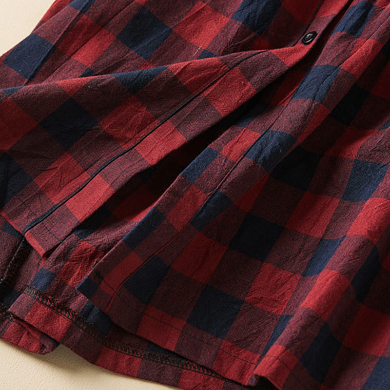 Buddha Stones Contrast Color Plaid Buttons Design Cotton Linen Long Sleeve Midi Dress With Pockets