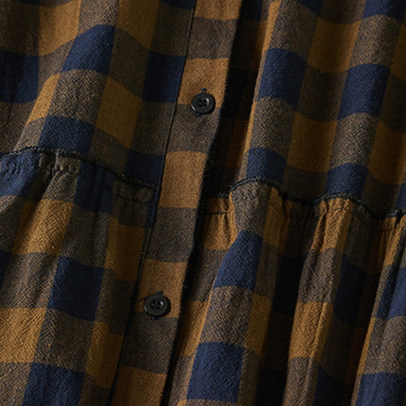 Buddha Stones Contrast Color Plaid Buttons Design Cotton Linen Long Sleeve Midi Dress With Pockets