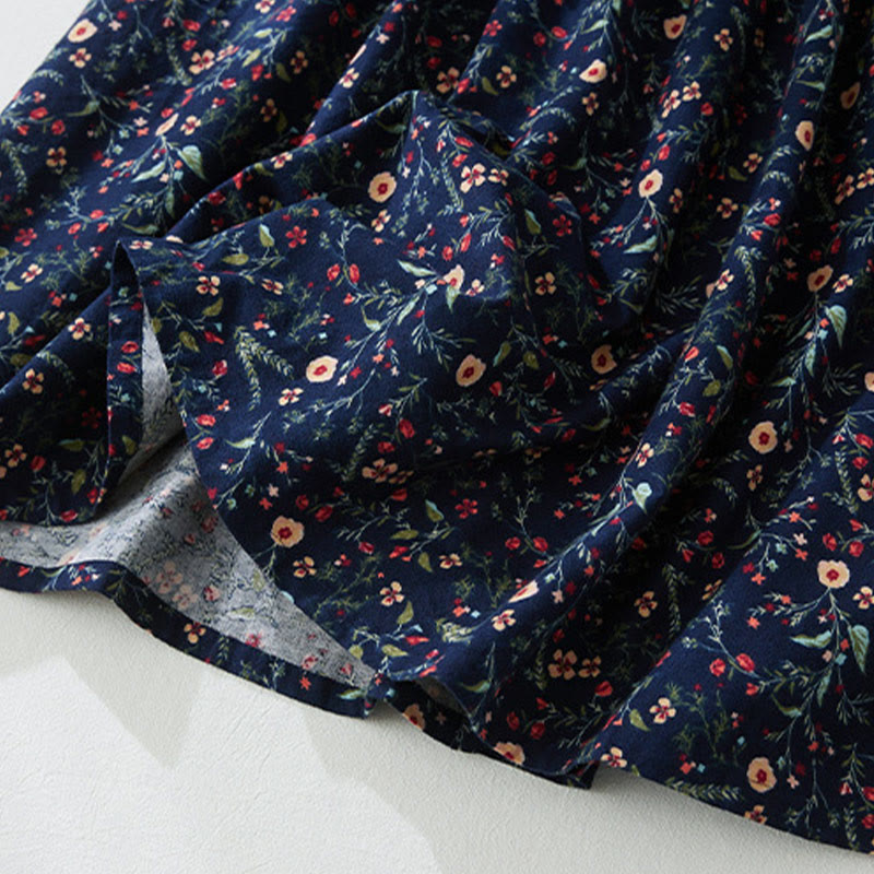Buddha Stones Ethnic Printing Floral Lace-Up Design Long Sleeve Cotton Linen Midi Dress