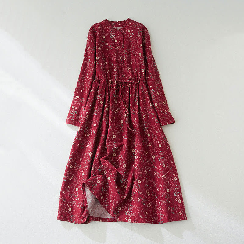 Buddha Stones Ethnic Printing Floral Lace-Up Design Long Sleeve Cotton Linen Midi Dress