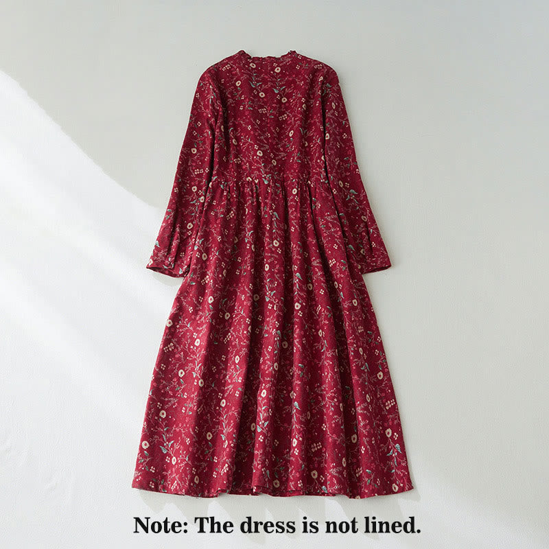 Buddha Stones Ethnic Printing Floral Lace-Up Design Long Sleeve Cotton Linen Midi Dress