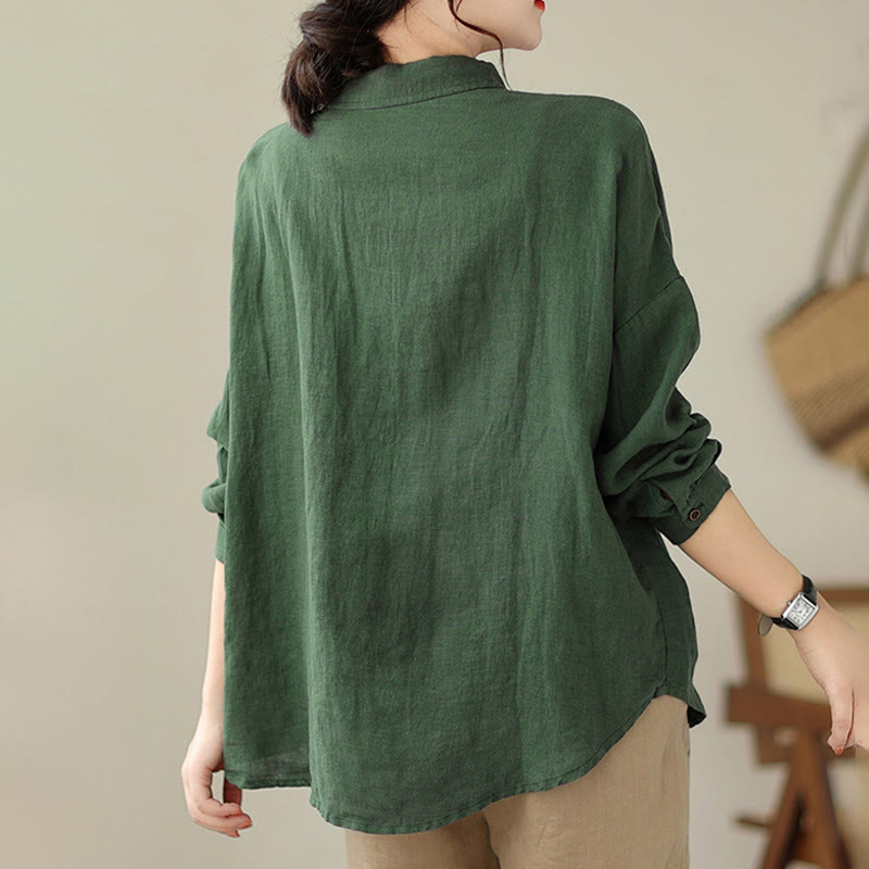Buddha Stones Casual Plain Women's Cotton Linen Long Sleeve Shirt