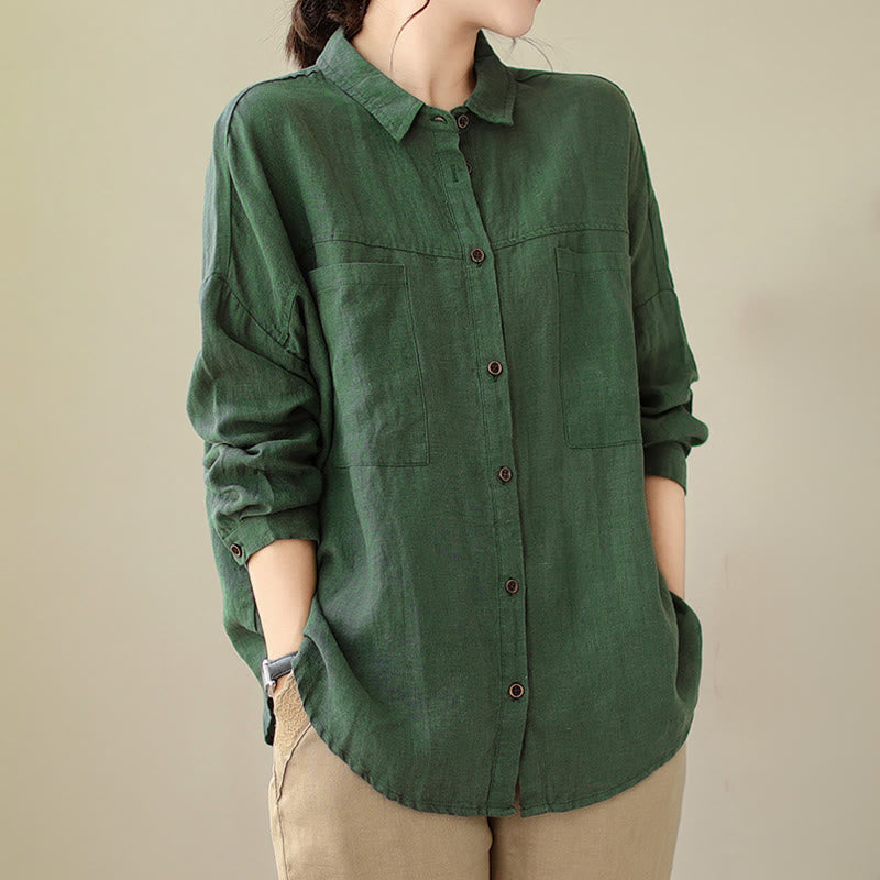Buddha Stones Casual Plain Women's Cotton Linen Long Sleeve Shirt