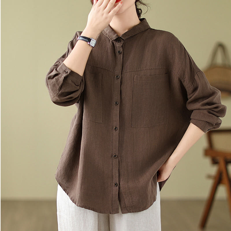 Buddha Stones Casual Plain Women's Cotton Linen Long Sleeve Shirt